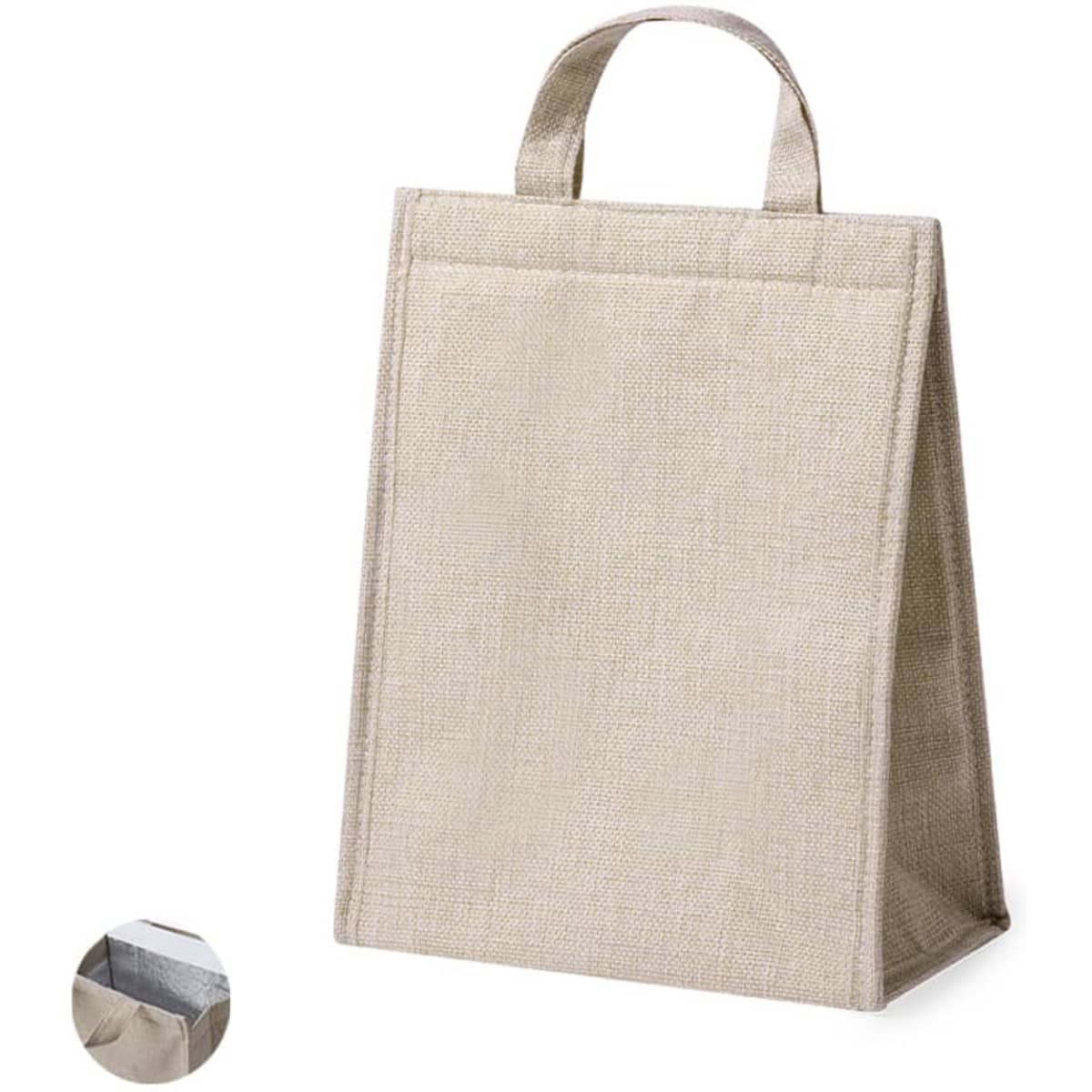 A beige cooler bag stands upright with a simple, textured design and two handles. It has a logo on the side.