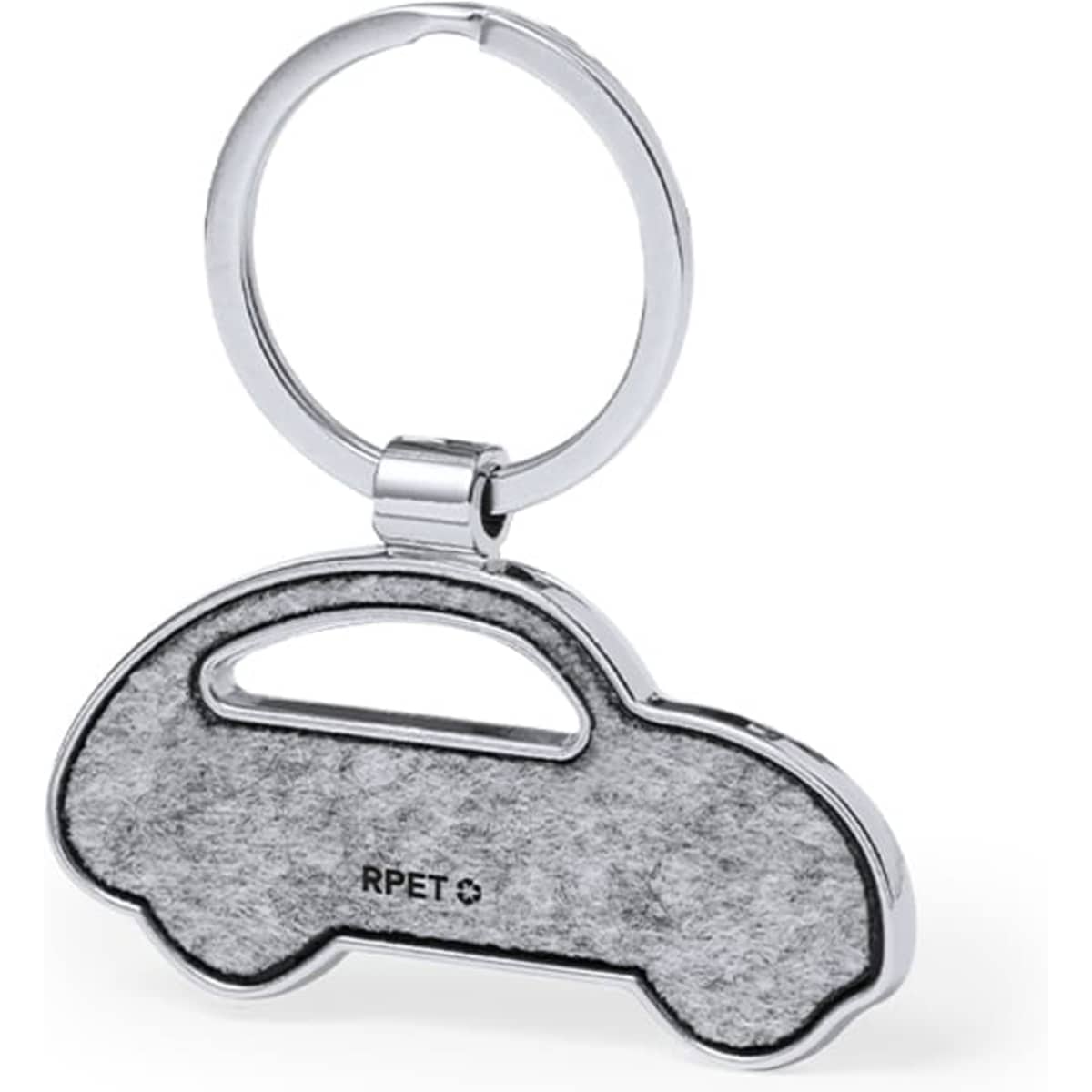 A keyring shaped like a car, featuring a silver metal ring and a grey felt body. It has a branding logo on it.