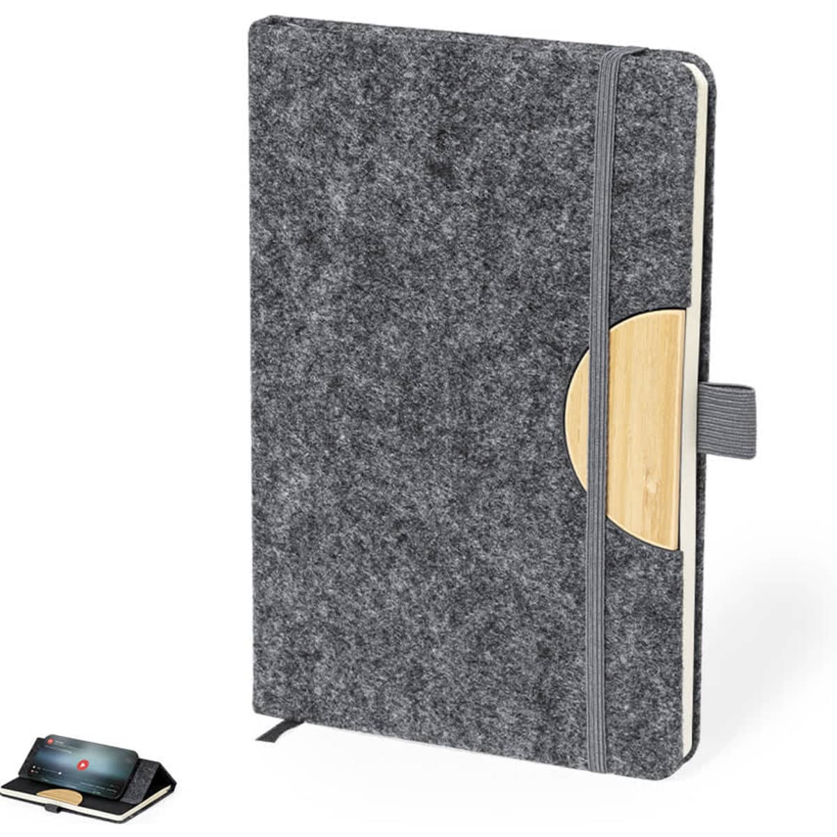 A grey felt notebook featuring a wooden accent, complete with an elastic band closure and bookmark.
