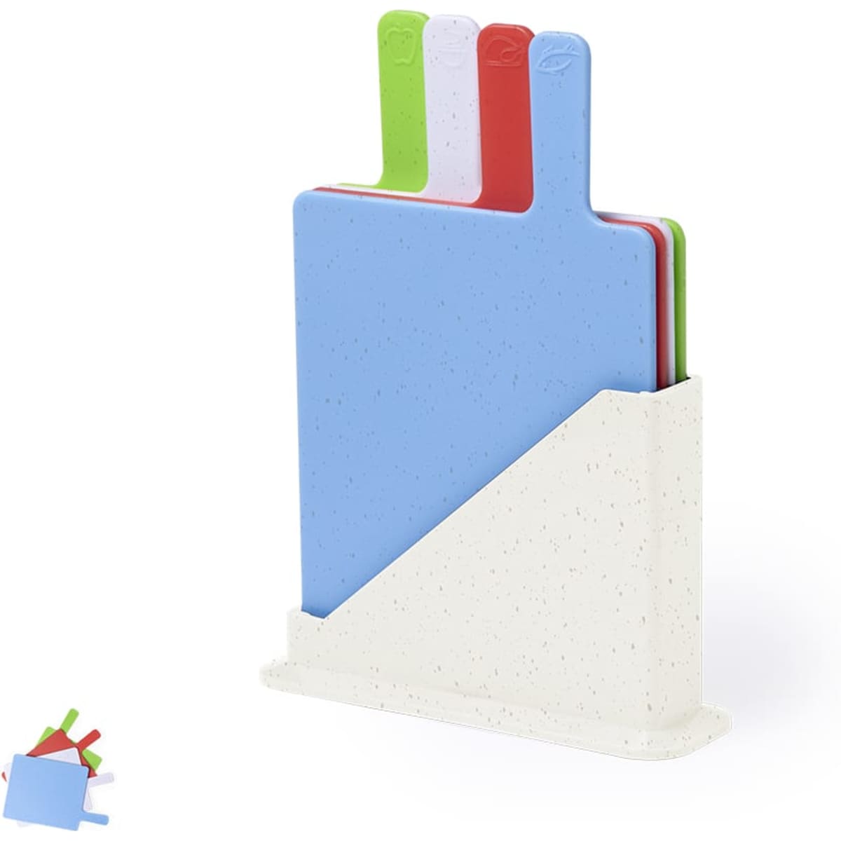 A set of colourful chopping boards in blue, green, white, and red, housed in a white stand.