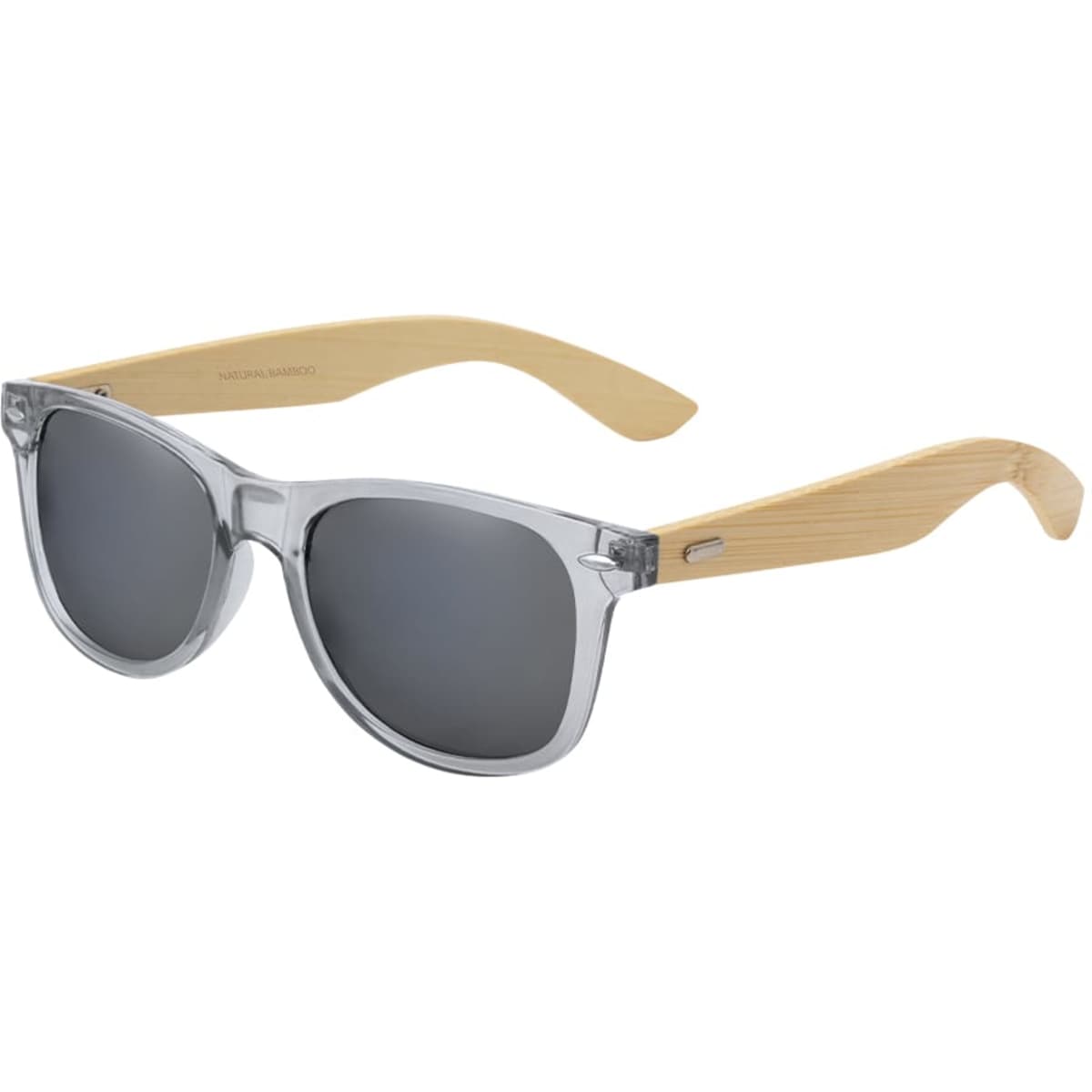 Sunglasses with clear frames and wooden arms, featuring dark lenses and a sleek design.