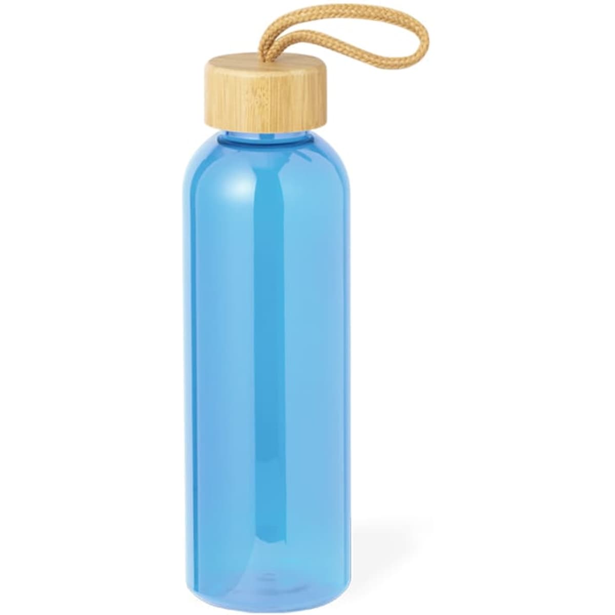 A drink bottle in bright blue with a bamboo lid and a woven handle. It also features a logo.
