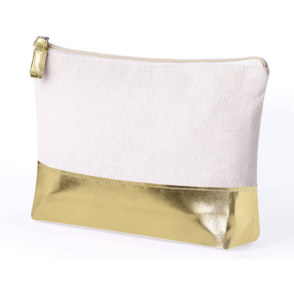 A toiletry bag in cream with a shiny gold bottom and a zip closure, featuring a simple design and a logo.