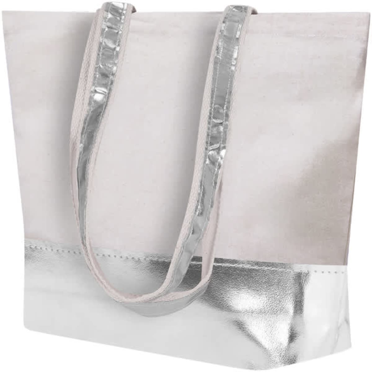 A tote bag with a pale pink fabric and a shiny silver bottom, featuring two matching handles.
