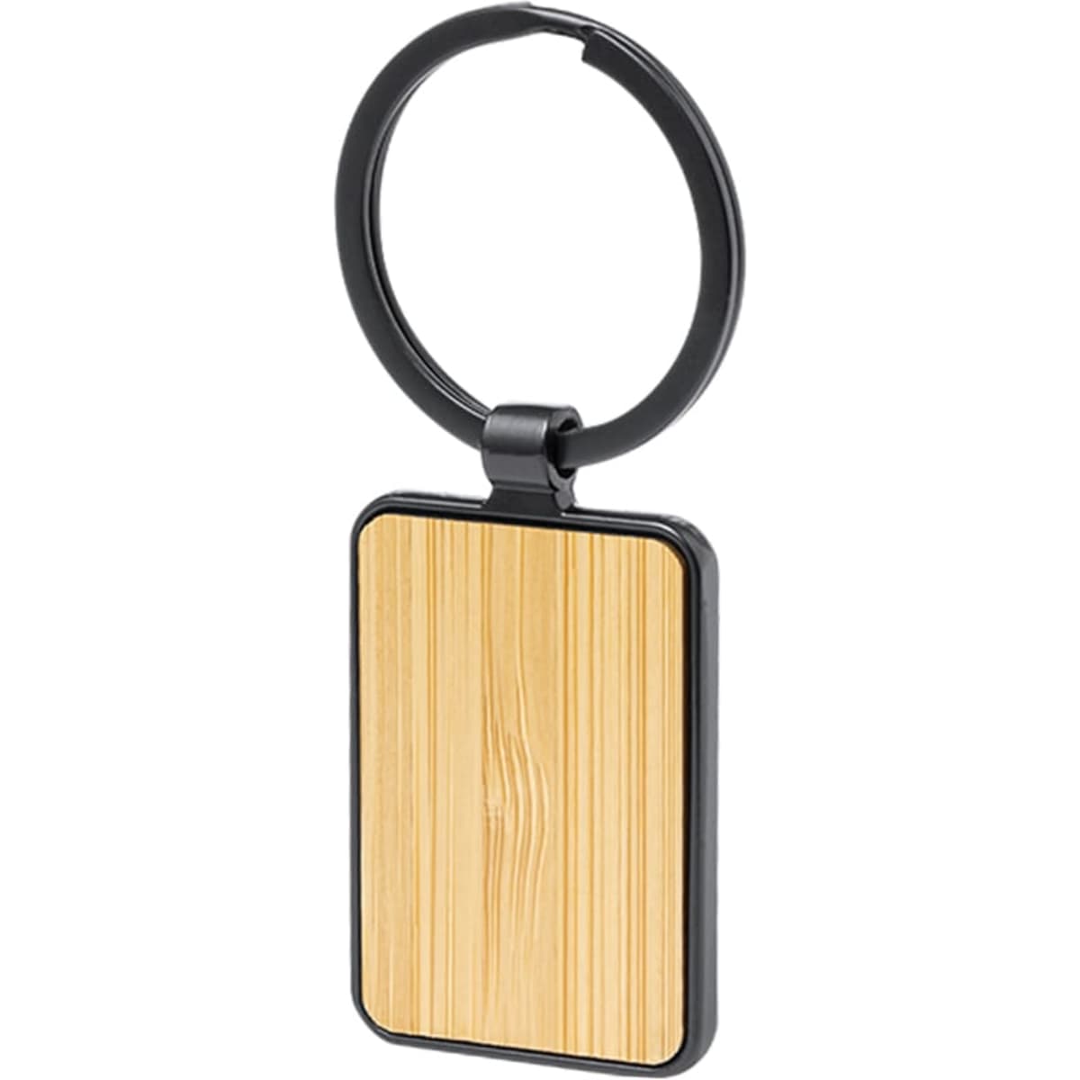 A keyring with a rectangular bamboo design and a black metal ring. Features a smooth bamboo surface.