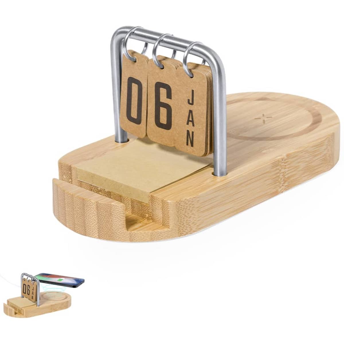A bamboo wireless charger with a calendar feature, featuring wooden date cards and a silver metal frame.
