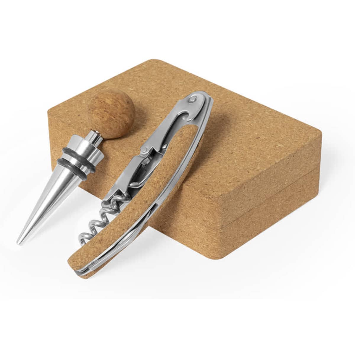 A corkscrew and wine stopper set on a cork base, featuring a silver and wooden design.