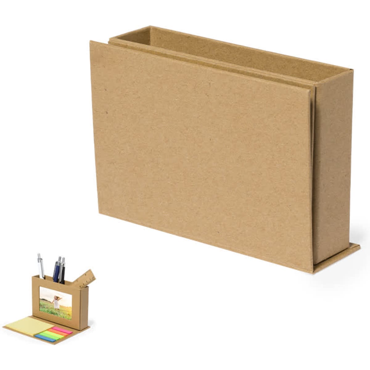 A brown pencil case with a flap and an inner compartment, featuring a display area for notes or photos.