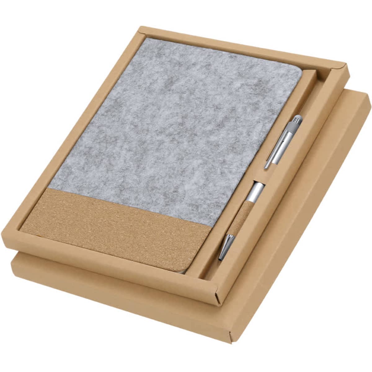 A notebook with a grey felt cover and a cork bottom, accompanied by a silver pen, presented in a cardboard gift box.