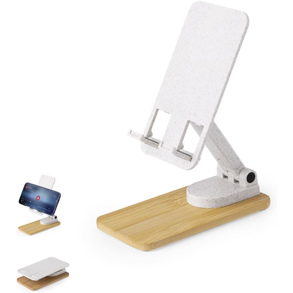 A white phone stand with a bamboo base, featuring an adjustable holder on a sleek design. It has a logo on the base.