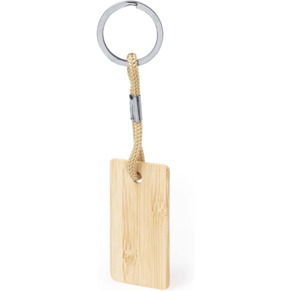 A bamboo keyring with a textured rectangular tag, connected by a tan rope to a metal keyring.