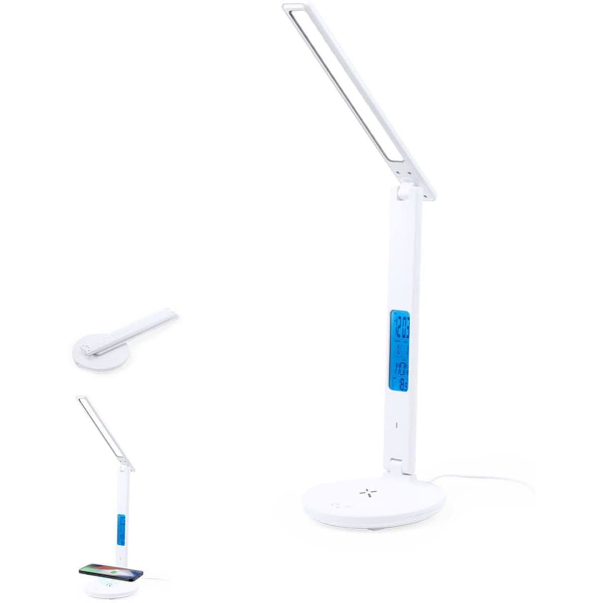 A white desk lamp with an adjustable arm and a round base, featuring a digital display and a logo on the base.