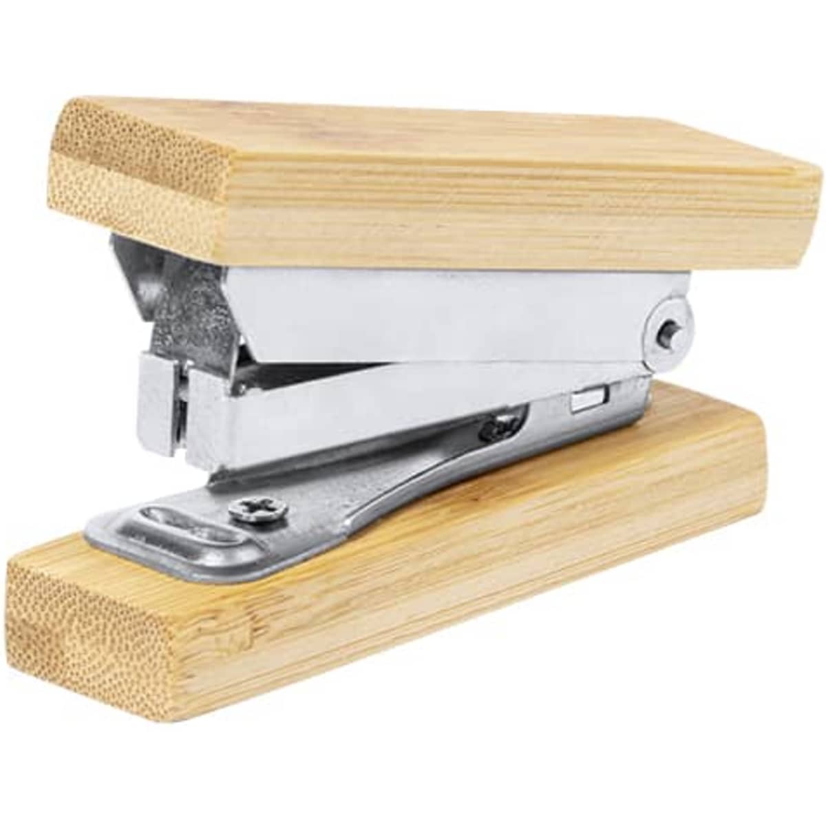 A stapler with a bamboo body and metallic components, featuring a sleek design and a silver finish.