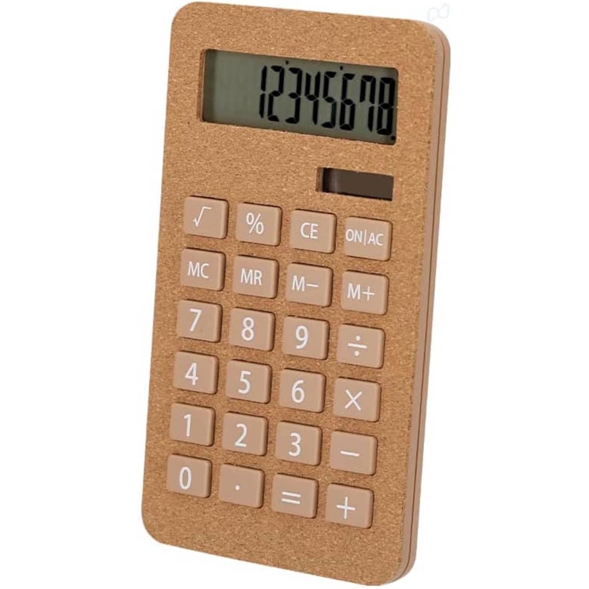 A cork-textured calculator in beige with an LCD display and pink buttons. It features a sleek, minimalist design.