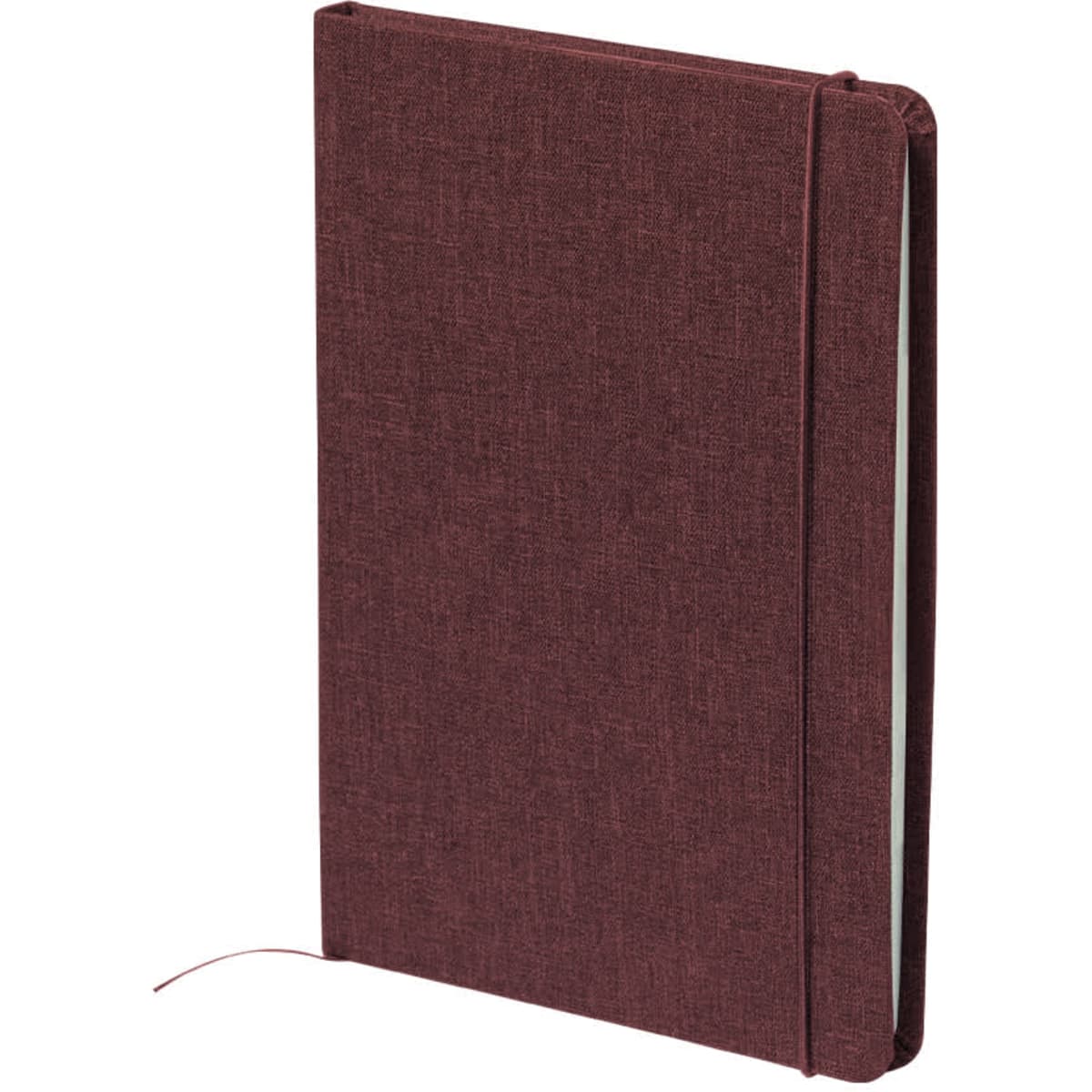 A maroon notebook with a textured cover, featuring a logo and a ribbon bookmark.