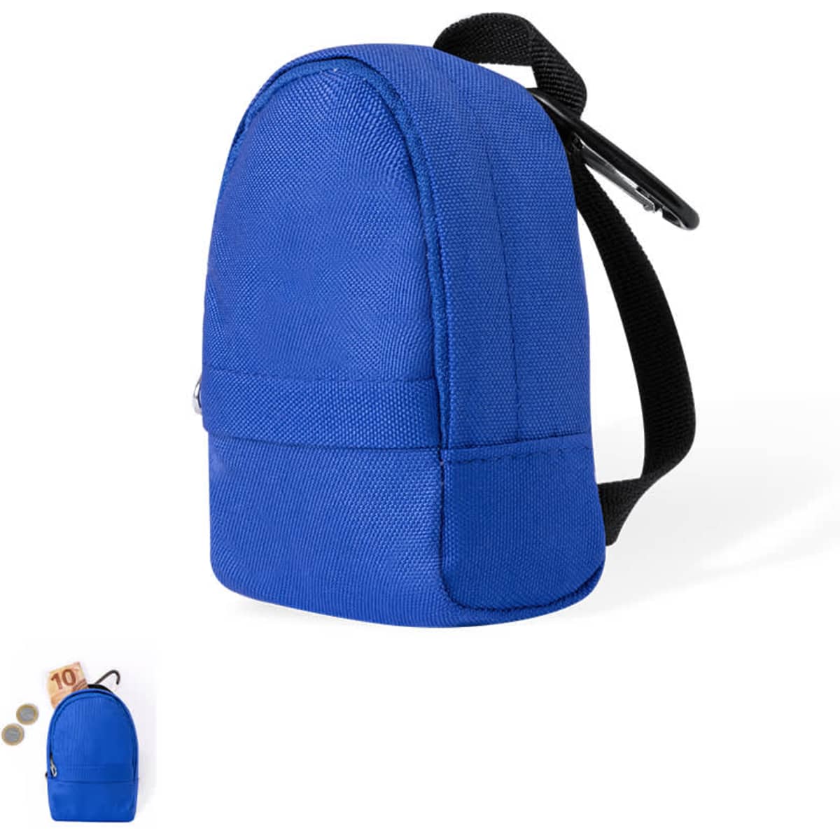 A small blue backpack with a single strap and a front pocket, featuring a logo.