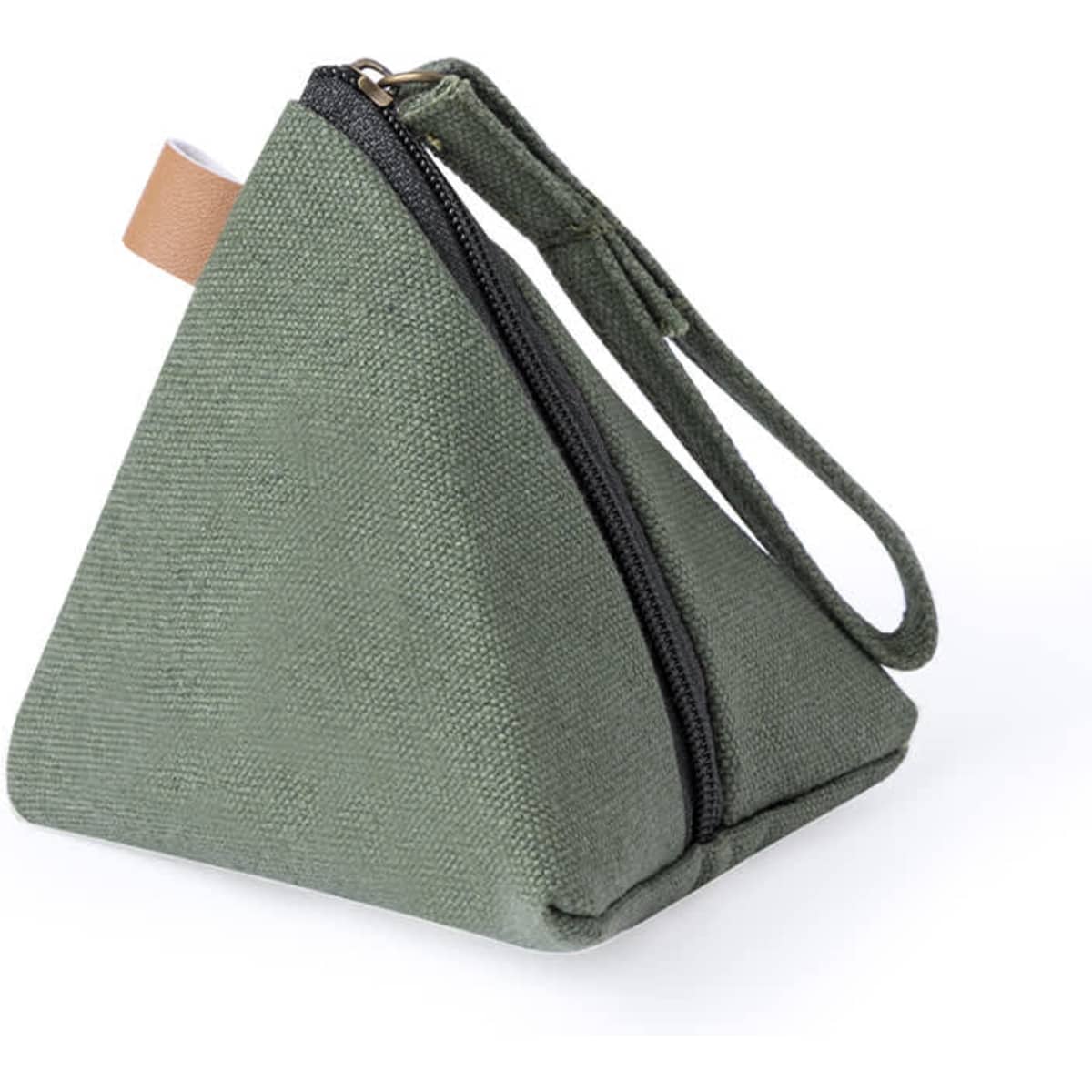 A triangular green pouch with a zip closure and a wrist strap, designed for storing small items.