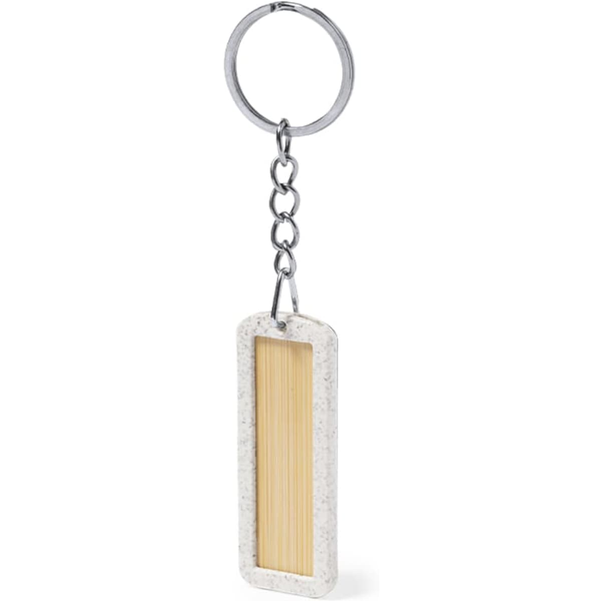 A keyring featuring a rectangular design with a natural bamboo centre and a textured grey frame. Includes a metal chain.