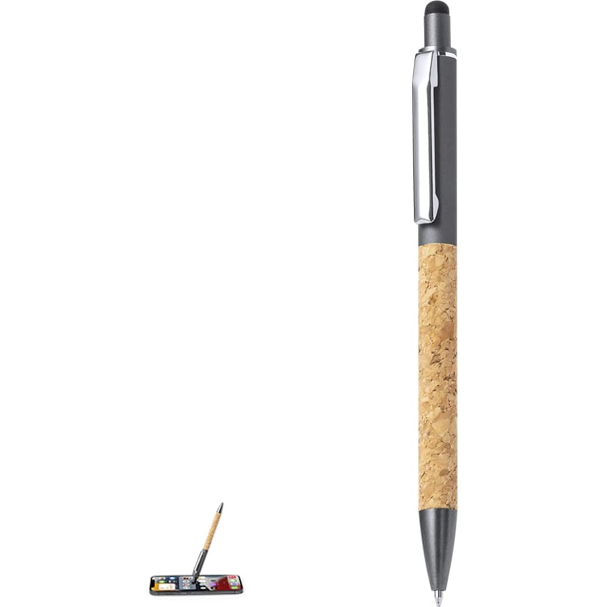 A ballpoint pen with a black top and cork grip, featuring a silver clip and stylus tip, displayed against a neutral background.