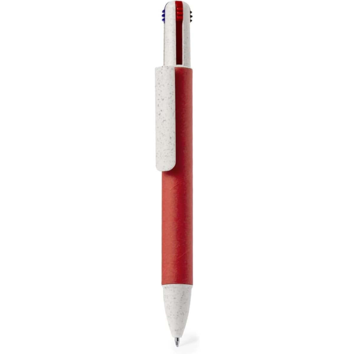 A red pen with a white clip, featuring a logo. The body has a textured finish.