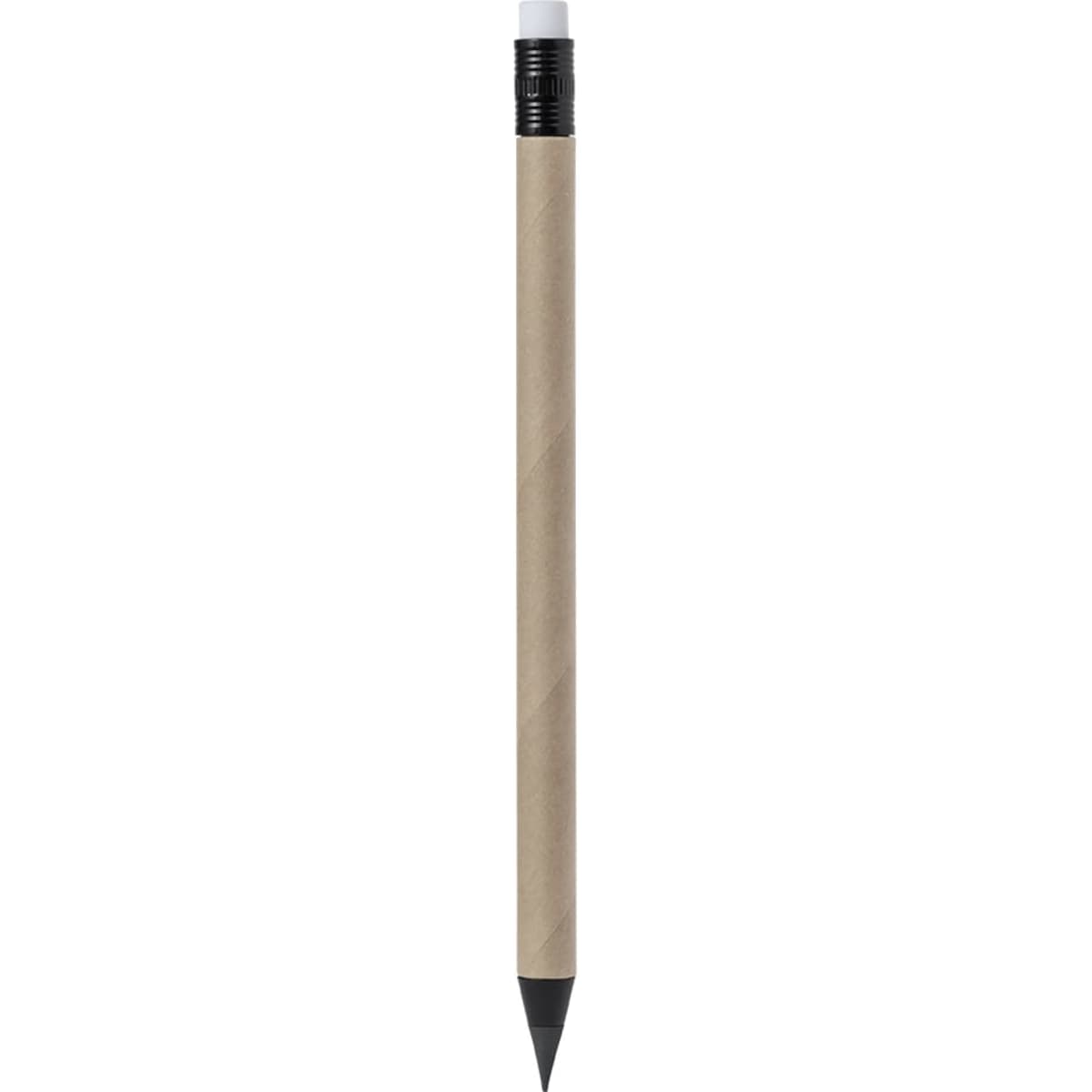 A grey-lead pencil with a natural wood shaft, black ferrule, and eraser on top. It includes a logo.