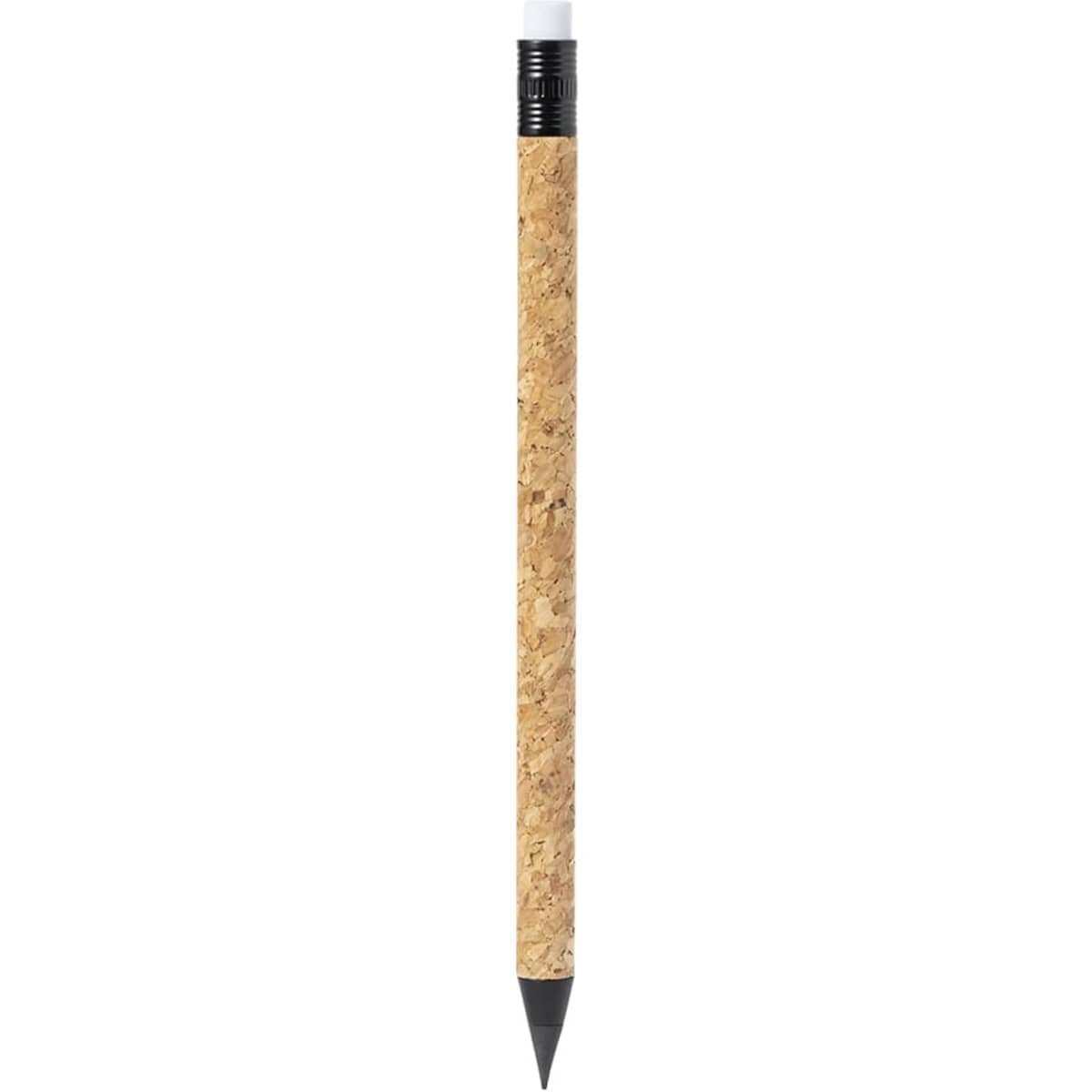 A pencil with a cork body, black end, and white eraser on top, featuring a logo.