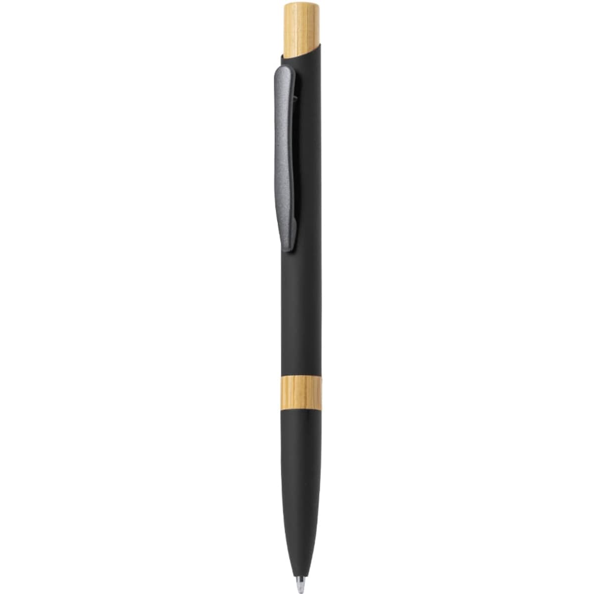 A metal pen featuring a black body with a bamboo accent and a clip. It has a sleek, modern design.