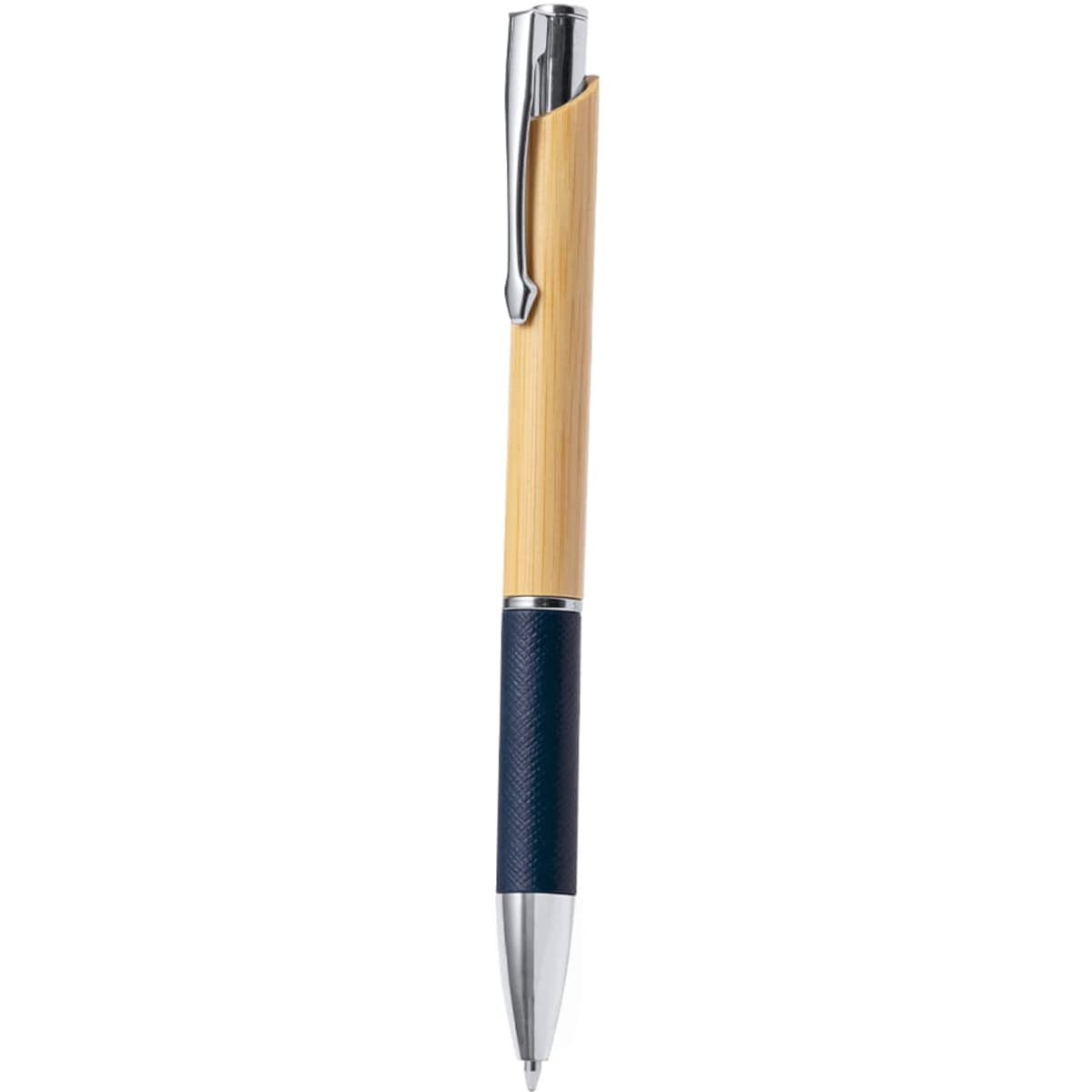 A wooden pen with a bamboo barrel and navy blue accents, featuring a silver clip and tip.