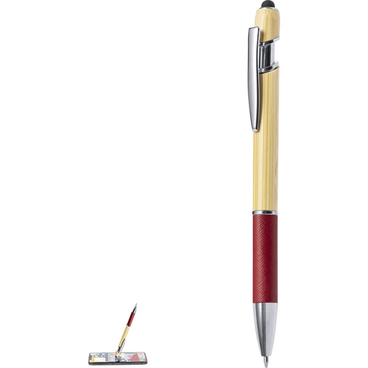 A ballpoint pen featuring a bamboo body with a red grip and a chrome clip, alongside a stylus tip.