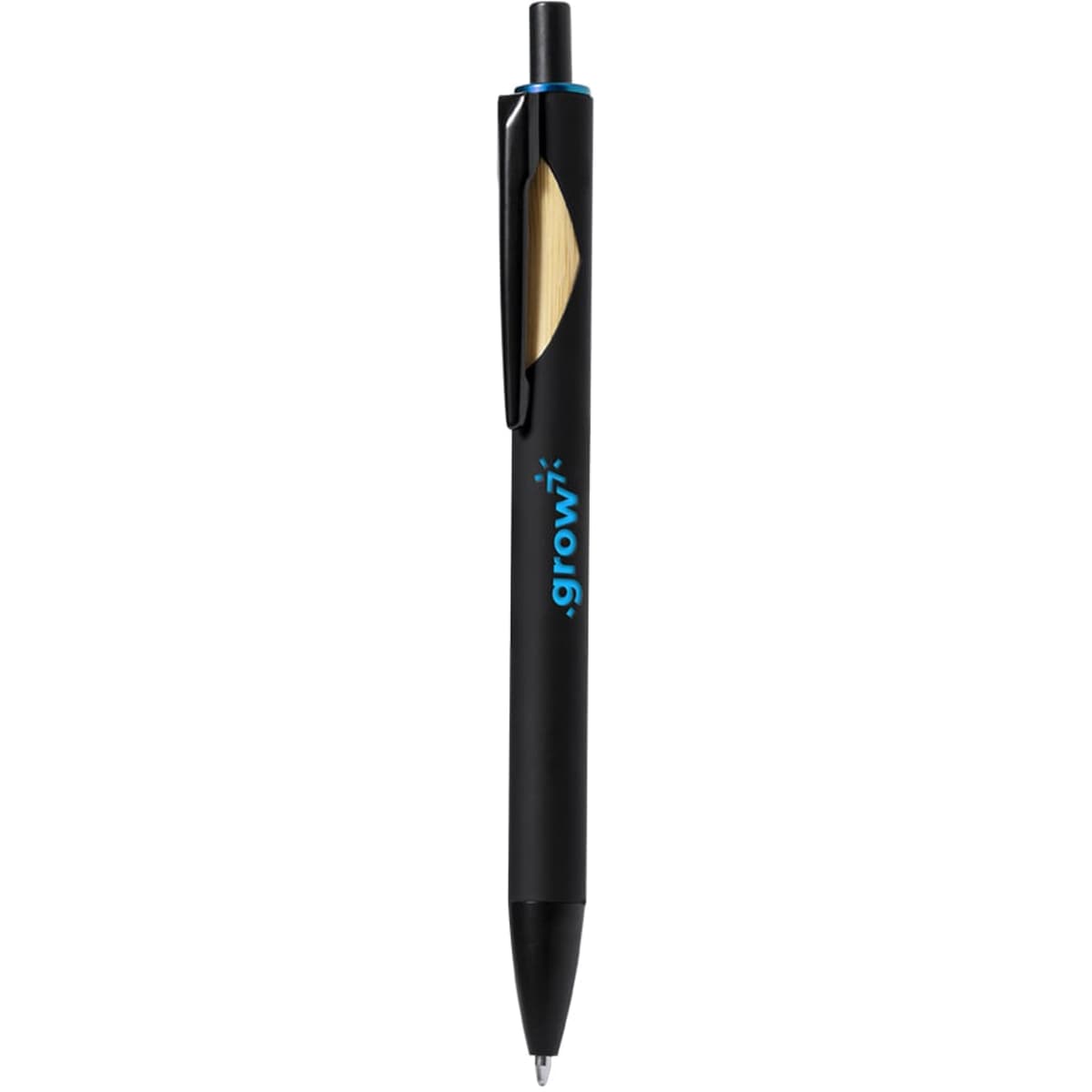 A wooden pen featuring a black body and blue accents, with a clip and branding on the side.