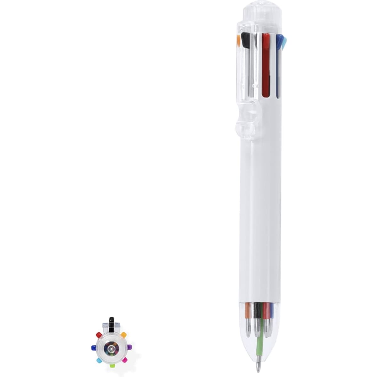 A white plastic pen featuring multiple ink colours. It has a transparent casing with a visible logo.