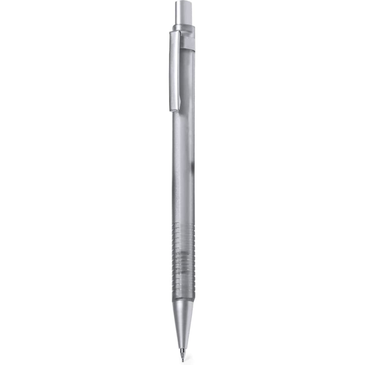 A silver ballpoint pen with a transparent barrel and grip, featuring a clip and a fine tip.