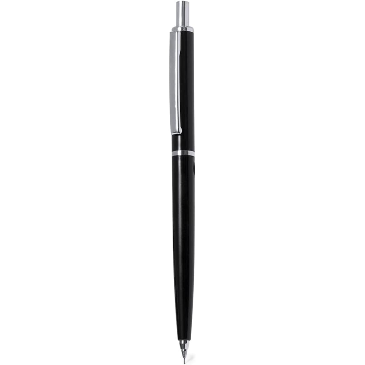 A black pencil with a sleek design and a silver clip. It features a shiny finish and has a logo on it.