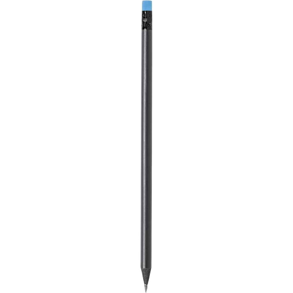 A grey pencil with a blue end and a logo, designed for writing and drawing.
