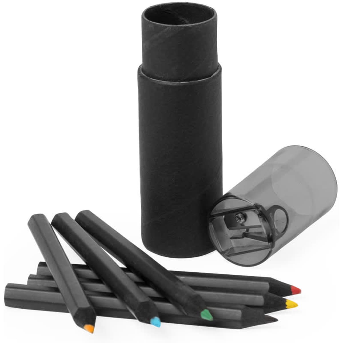 A set of coloured pencils in a black tube, featuring green, blue, yellow, red, and black pencils. The tube has a transparent lid.