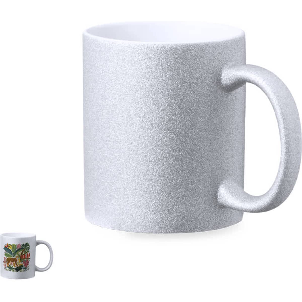 A silver mug with a textured finish and a rounded handle, featuring a small decorative image.