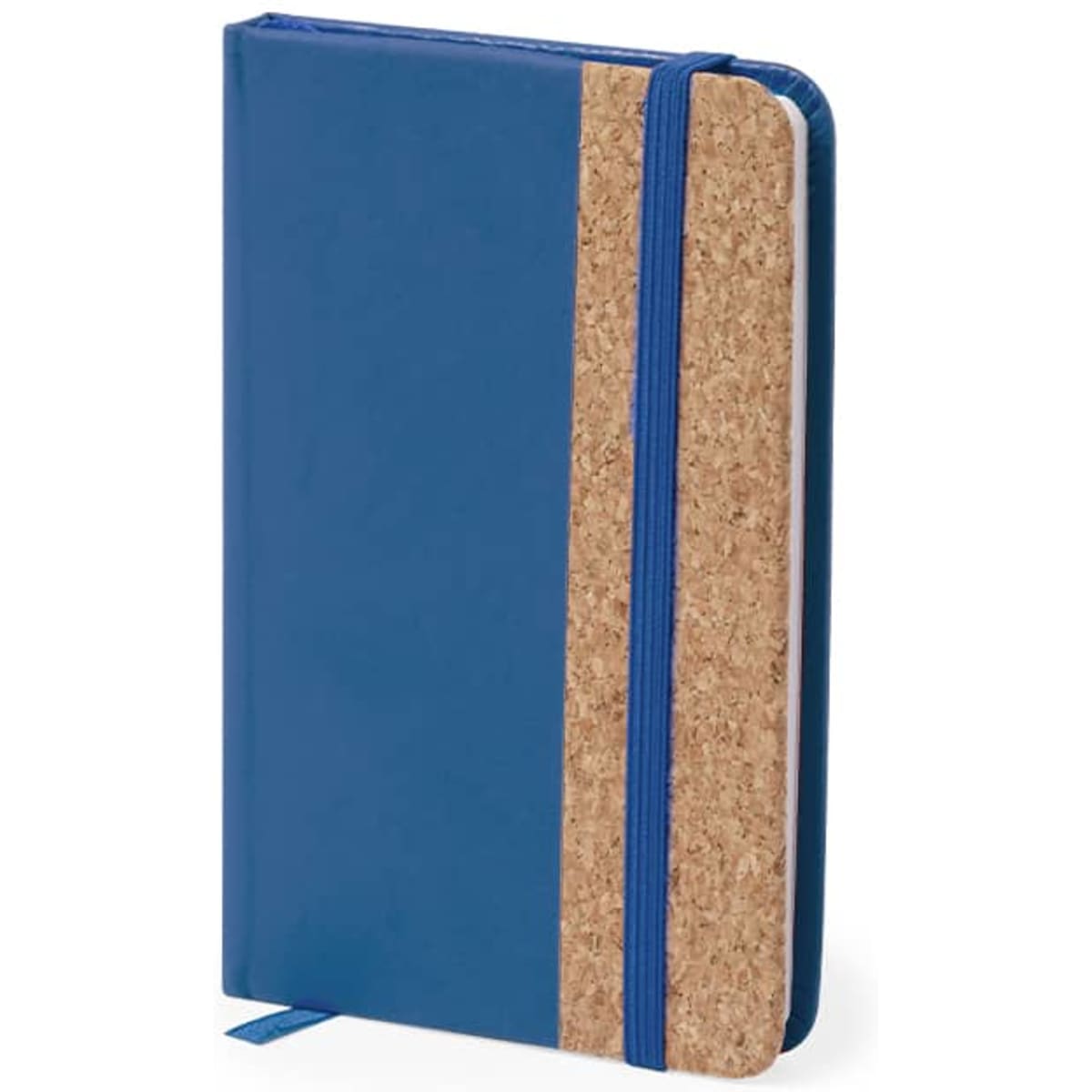 A blue notebook with a cork section and a blue elastic band, featuring a logo on the cover.