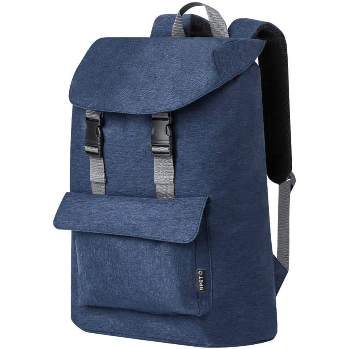 A navy blue backpack with adjustable straps, a front pocket, and a logo. Simple and stylish design.