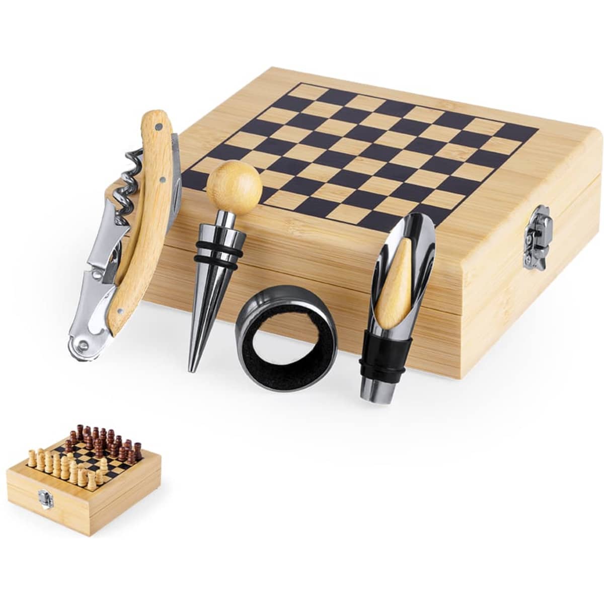 A wine and beer accessory set featuring a corkscrew, bottle stopper, and wooden chessboard with pieces, all in a bamboo box.
