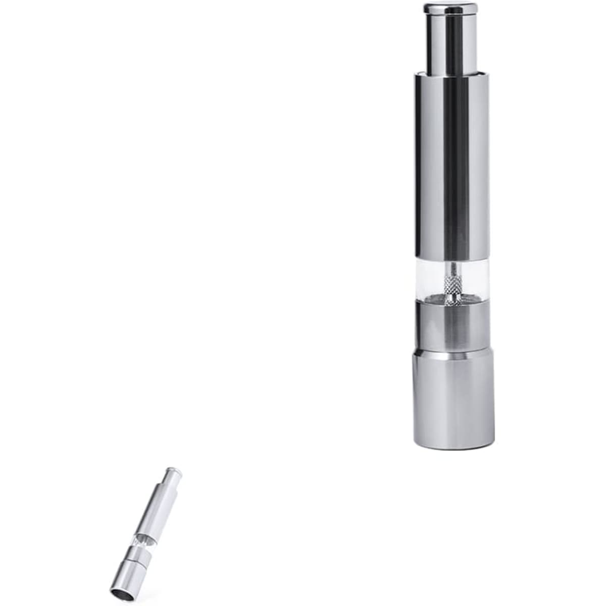 A sleek silver drink bottle with a transparent section and a removable top. It includes a logo.