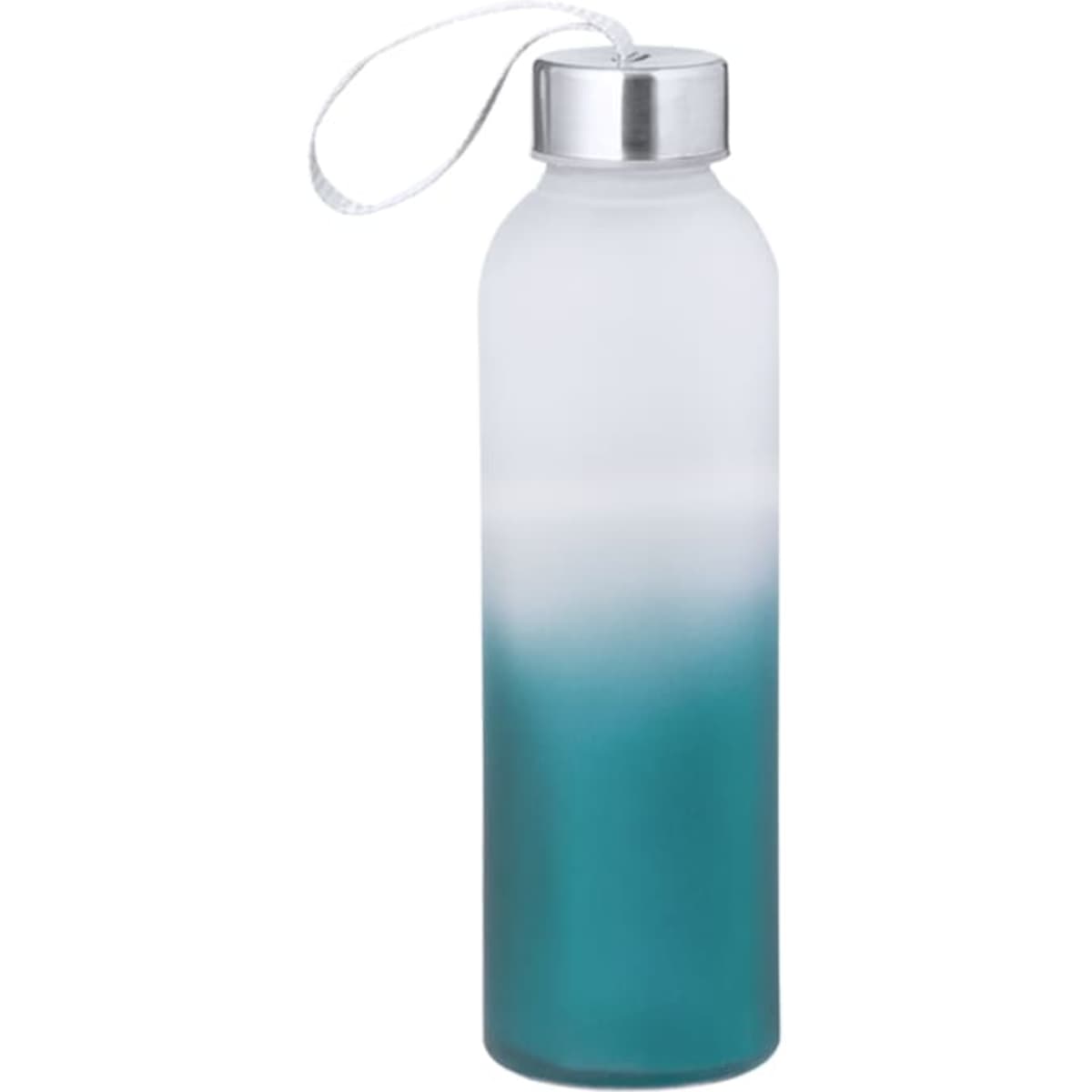 A drink bottle with a frosted finish, featuring a gradient from clear to teal, and a silver cap with a loop.