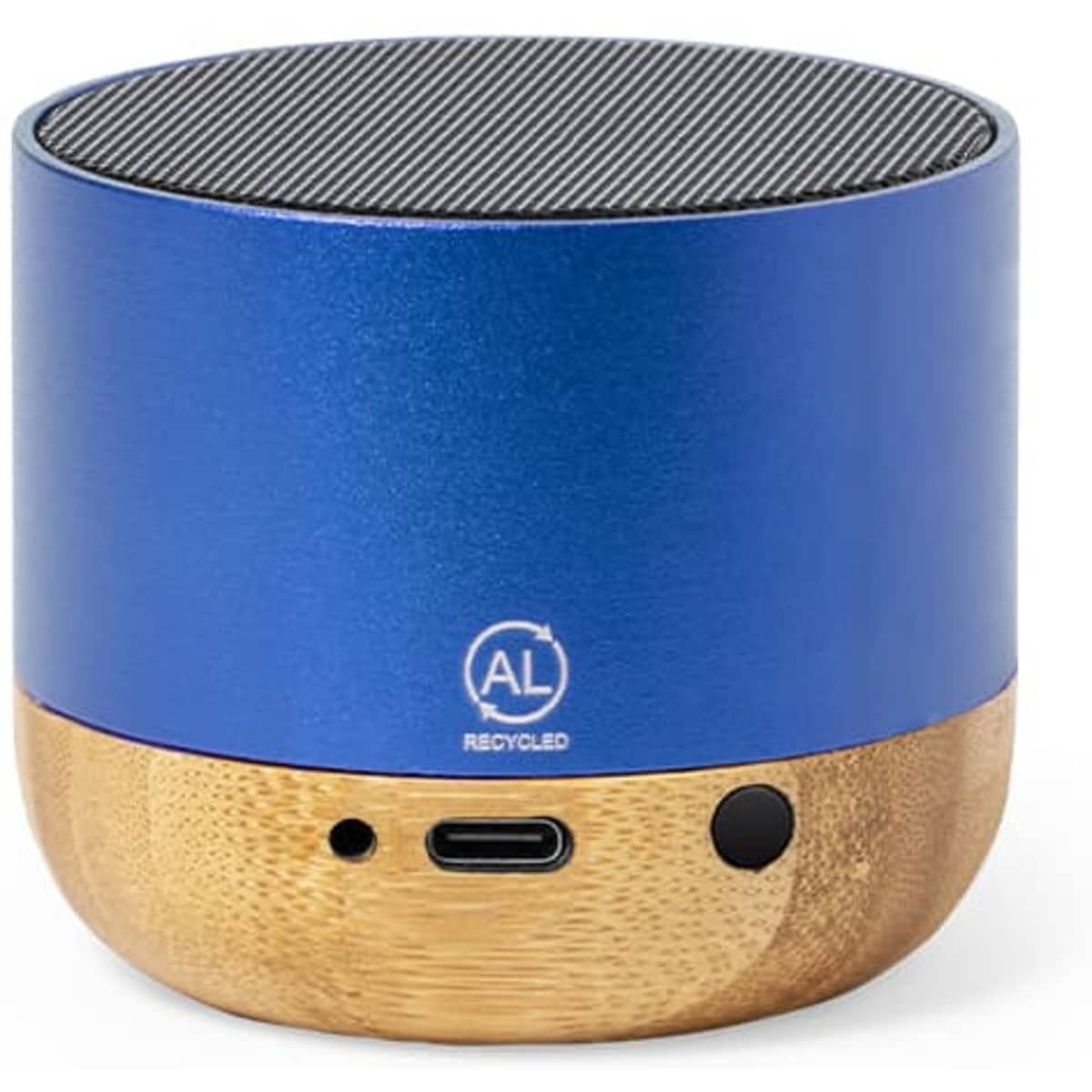 A blue Bluetooth speaker with a wooden base and a metal top, featuring a logo and various ports.