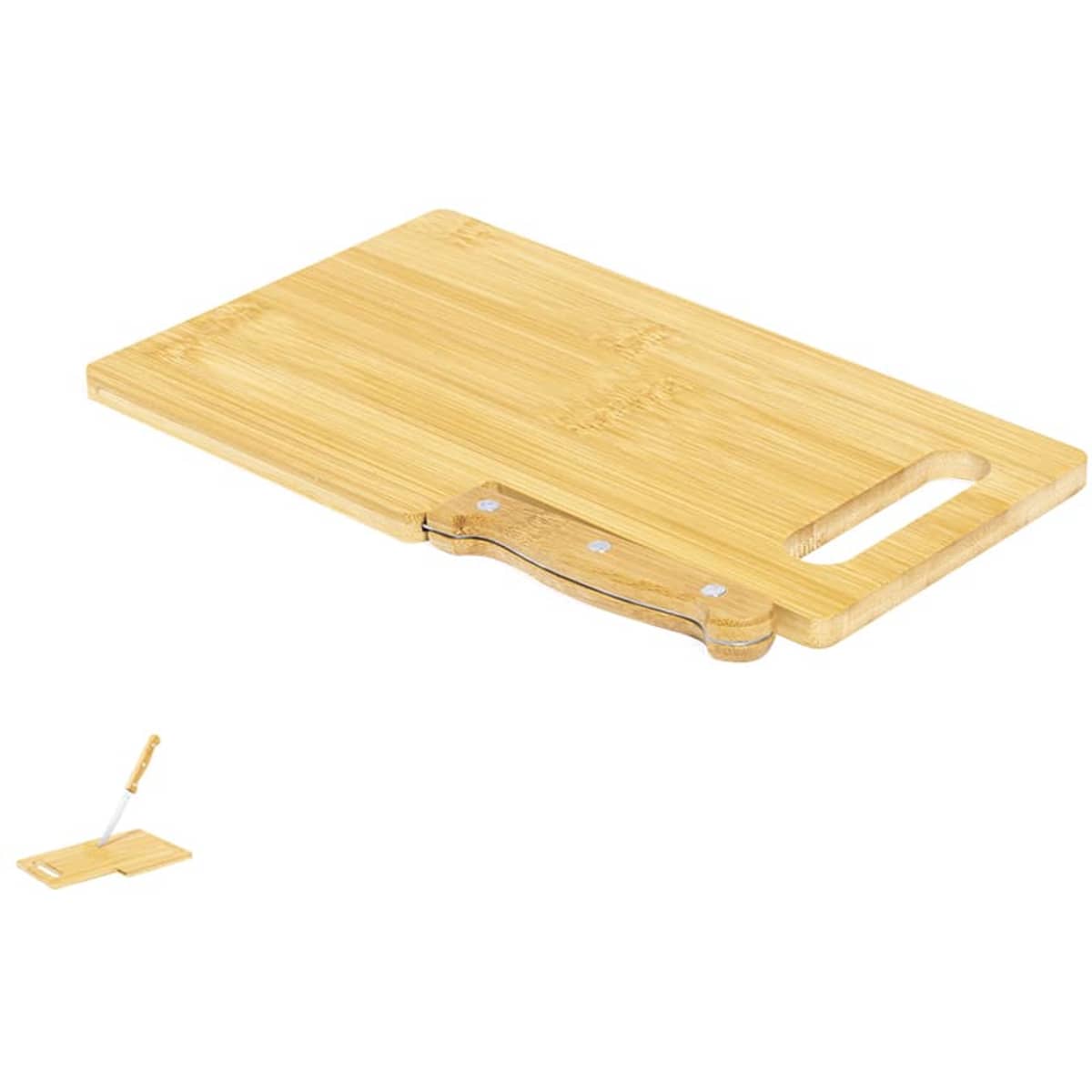 A bamboo chopping board with a handle and a cut-out for easy lifting, featuring a smooth surface and natural wood colour.