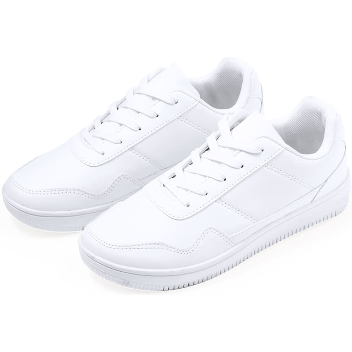 A pair of all-white sneakers featuring a classic lace-up design and a simple logo on the side.