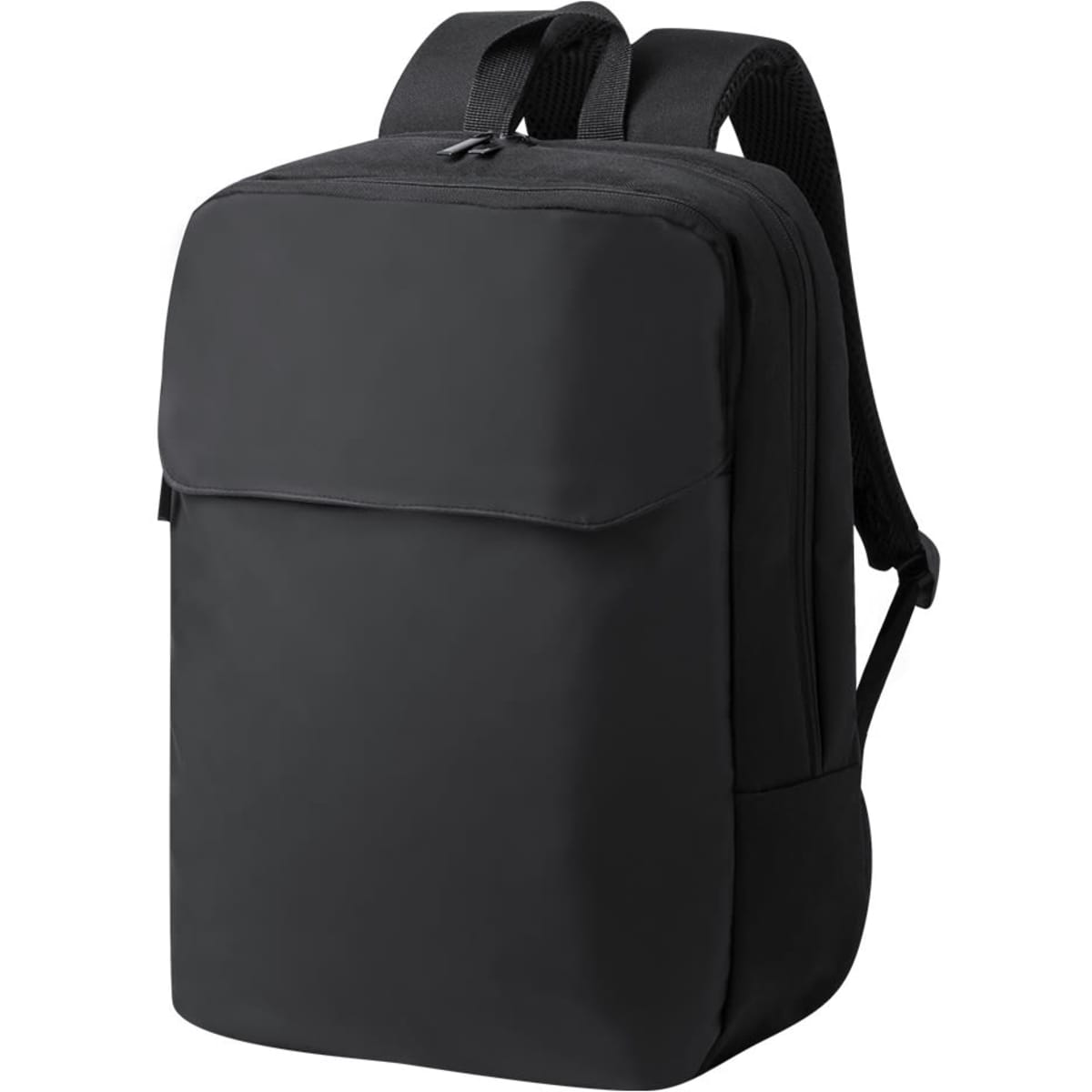 A black backpack featuring a sleek design, adjustable straps, and a front pocket. It includes a logo.