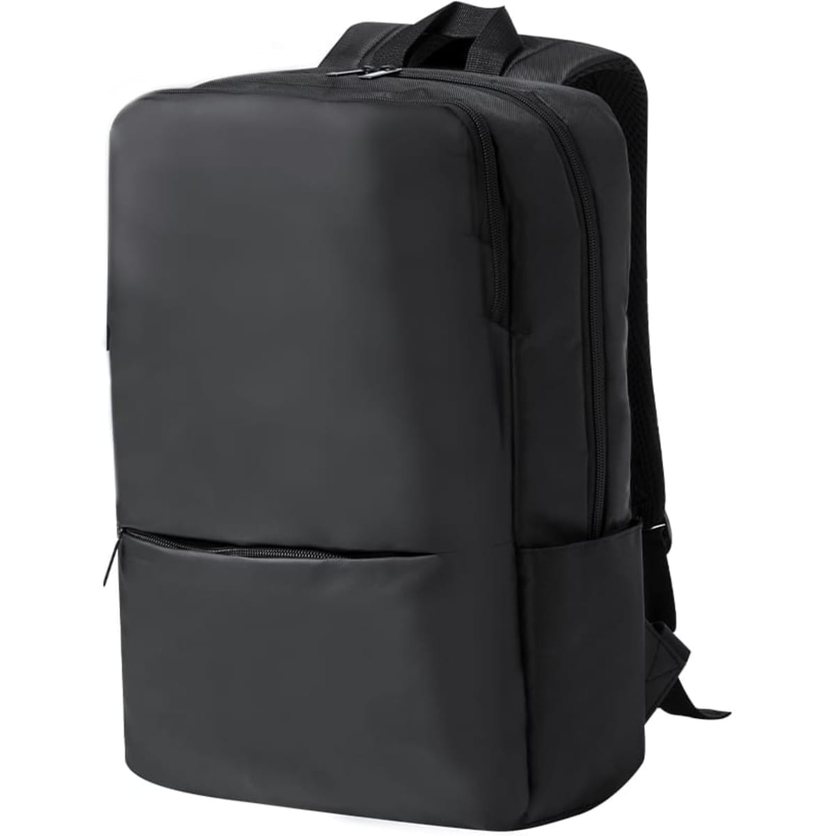 A sleek black backpack with a spacious main compartment and front pocket, featuring shoulder straps and a logo.