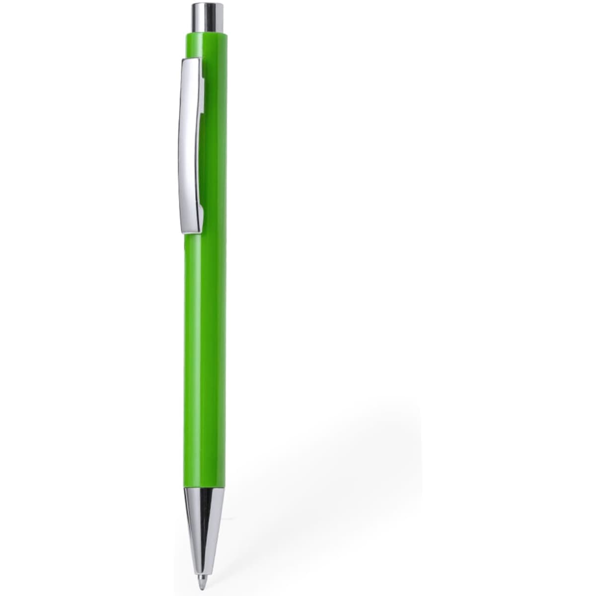 A green plastic pen with a silver clip and a chrome tip. The pen has a sleek design and features a logo.