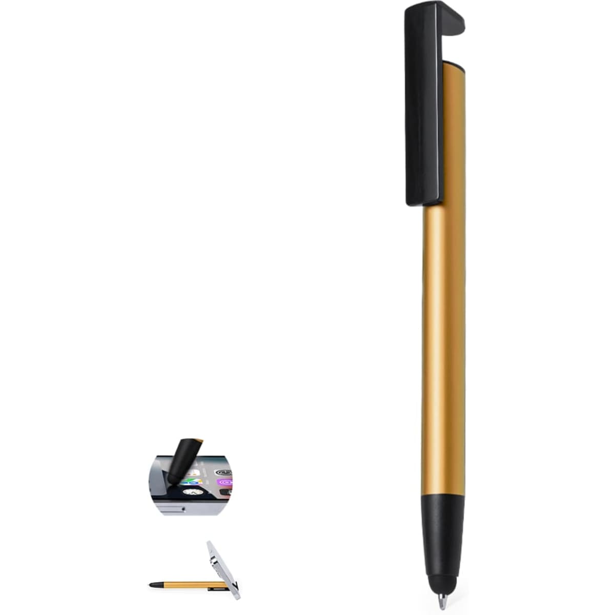 A metal pen in a sleek gold finish with a black clip and tip, featuring a logo on its packaging.
