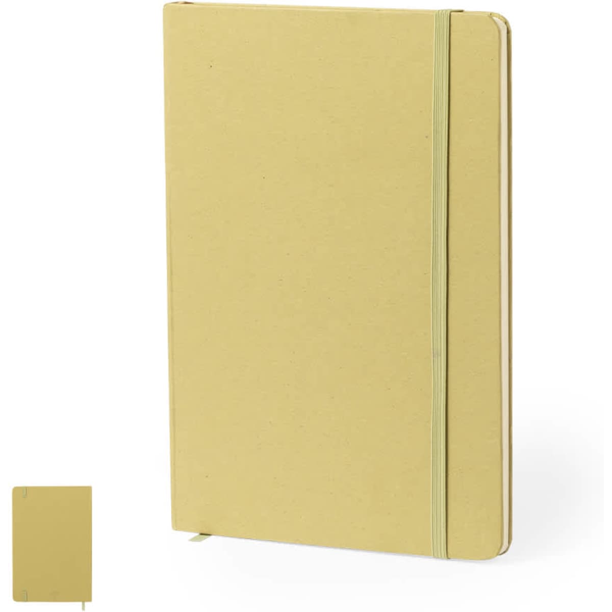 A yellow notepad with an elastic band closure, featuring a plain cover and a small complementary notebook beside it.