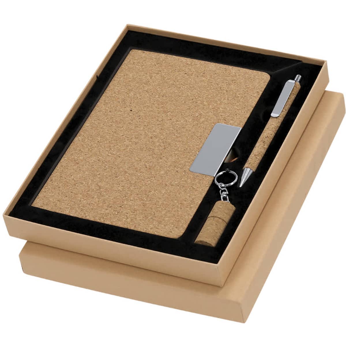 A cork notebook set with a matching pen, presented in a stylish tan box. Features a silver accent and a keychain.